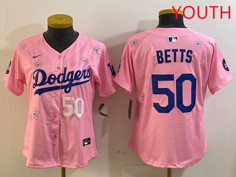 Youth Los Angeles Dodgers #50 Betts Pink Sakura Edition 2025 Nike MLB Jersey style 5->youth mlb jersey->Youth Jersey